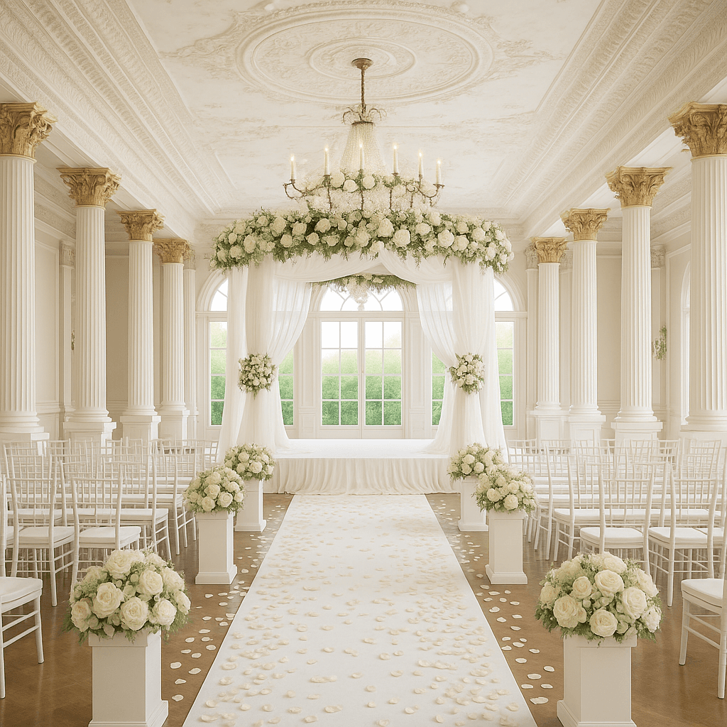 AI-generated luxury event design mockup showing a transformed ballroom with gold draping and floral arrangements